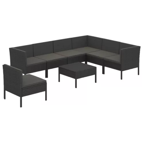  8 részes fekete polyrattan kerti ülőgarnitúra párnákkal