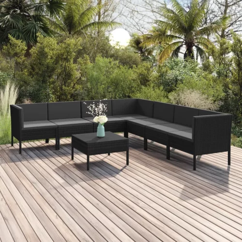  8 részes fekete polyrattan kerti ülőgarnitúra párnákkal