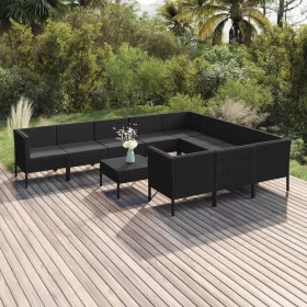    11 részes fekete polyrattan kerti ülőgarnitúra párnákkal