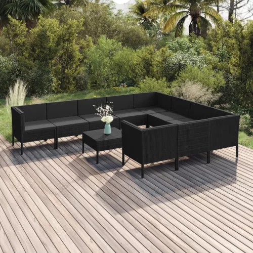  11 részes fekete polyrattan kerti ülőgarnitúra párnákkal