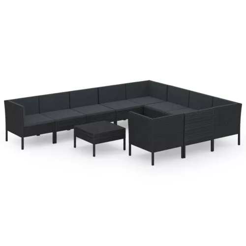  11 részes fekete polyrattan kerti ülőgarnitúra párnákkal