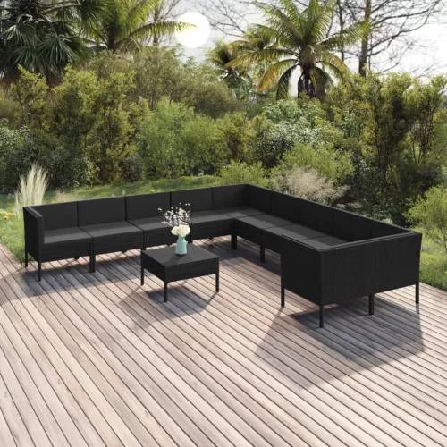  11 részes fekete polyrattan kerti ülőgarnitúra párnákkal