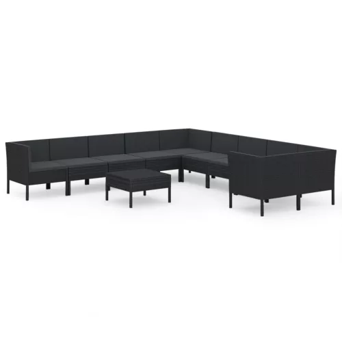  11 részes fekete polyrattan kerti ülőgarnitúra párnákkal
