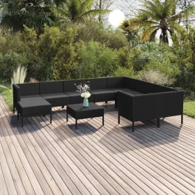    11 részes fekete polyrattan kerti ülőgarnitúra párnákkal