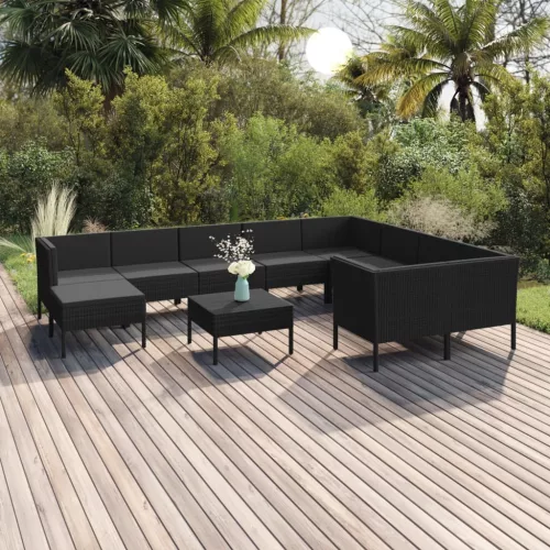  11 részes fekete polyrattan kerti ülőgarnitúra párnákkal