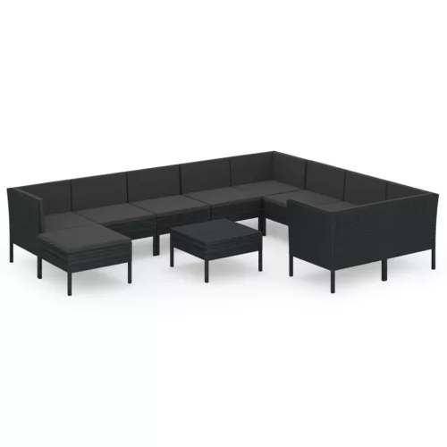  11 részes fekete polyrattan kerti ülőgarnitúra párnákkal