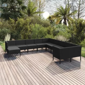    11 részes fekete polyrattan kerti ülőgarnitúra párnákkal