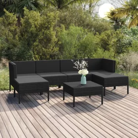    7 részes fekete polyrattan kerti ülőgarnitúra párnákkal