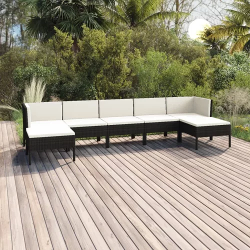  7 részes fekete polyrattan kerti ülőgarnitúra párnákkal