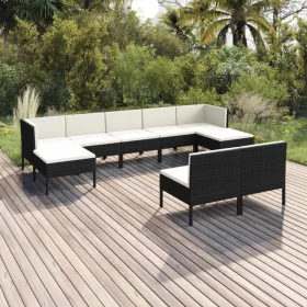  9 részes fekete polyrattan kerti bútorszett párnákkal