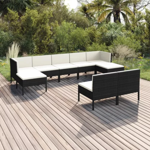  9 részes fekete polyrattan kerti bútorszett párnákkal