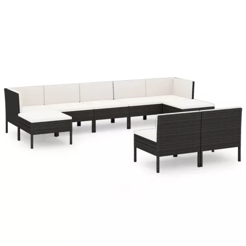  9 részes fekete polyrattan kerti bútorszett párnákkal