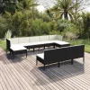  10 részes fekete polyrattan kerti bútorszett párnákkal