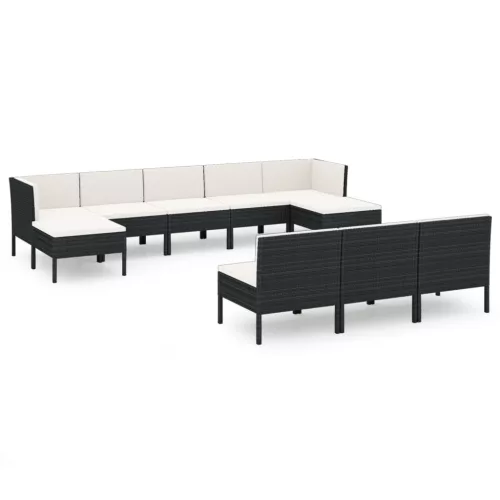  10 részes fekete polyrattan kerti bútorszett párnákkal