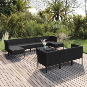    11 részes fekete polyrattan kerti ülőgarnitúra párnákkal