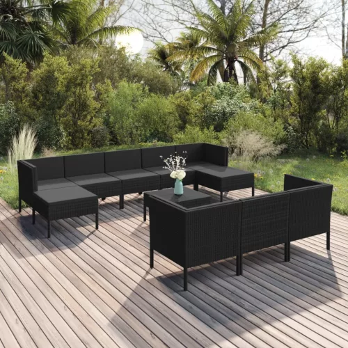  11 részes fekete polyrattan kerti ülőgarnitúra párnákkal