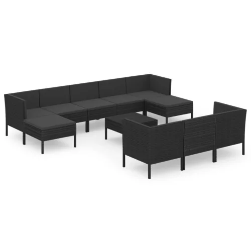  11 részes fekete polyrattan kerti ülőgarnitúra párnákkal