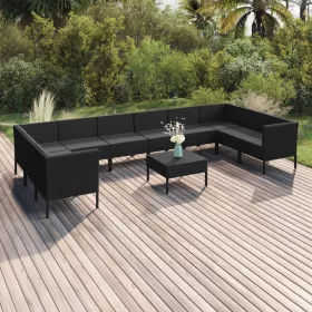    11 részes fekete polyrattan kerti ülőgarnitúra párnákkal