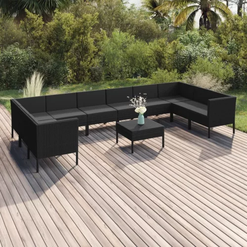  11 részes fekete polyrattan kerti ülőgarnitúra párnákkal