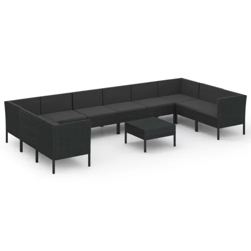  11 részes fekete polyrattan kerti ülőgarnitúra párnákkal
