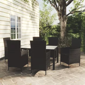    7 részes fekete polyrattan kültéri étkezőszett párnákkal