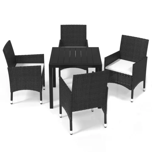  5 részes fekete polyrattan kerti étkezőgarnitúra párnákkal