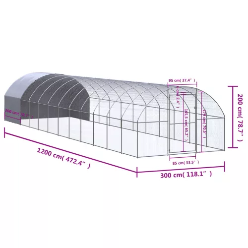  kültéri horganyzott acél tyúkól 3 x 12 x 2 m