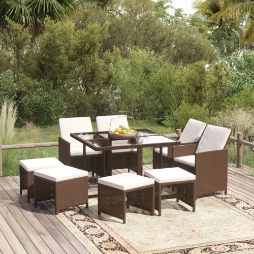  9 részes barna polyrattan kerti étkezőgarnitúra párnákkal