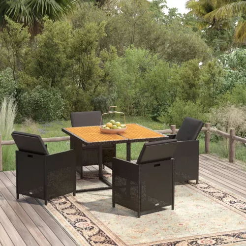  5 részes fekete polyrattan kerti étkezőgarnitúra párnákkal