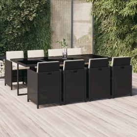    9 részes fekete polyrattan kerti étkezőgarnitúra párnákkal
