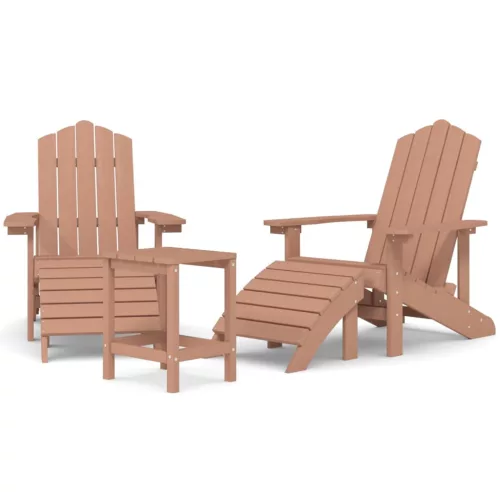  barna HDPE kerti adirondack székek lábtartóval és asztallal