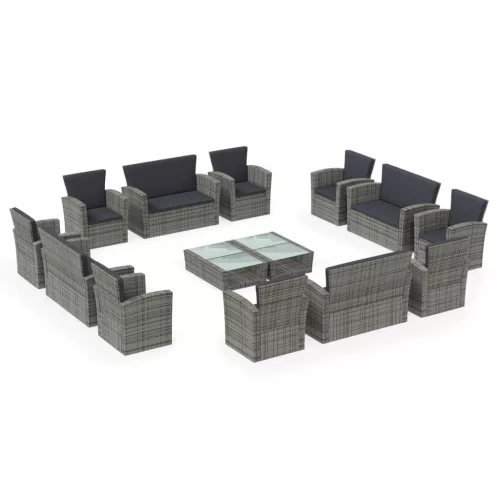  16 részes szürke polyrattan kerti ülőgarnitúra párnákkal
