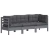 3 személyes tömör fenyőfa kerti kanapé antracitszürke párnákkal