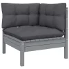  3 személyes tömör fenyőfa kerti kanapé antracitszürke párnákkal