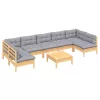  8 részes tömör fenyőfa kerti ülőgarnitúra szürke párnákkal