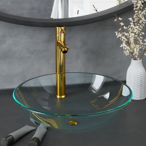  edzett üveg mosdókagyló csapteleppel és leeresztőszeleppel