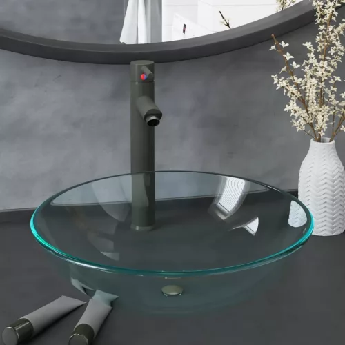  edzett üveg mosdókagyló csapteleppel és leeresztőszeleppel