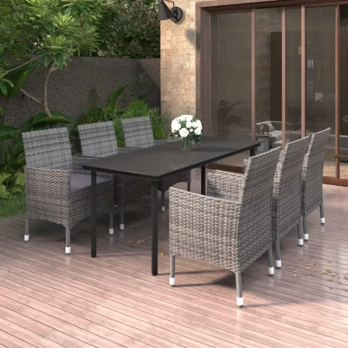  7 részes polyrattan és üveg kerti étkezőgarnitúra párnákkal