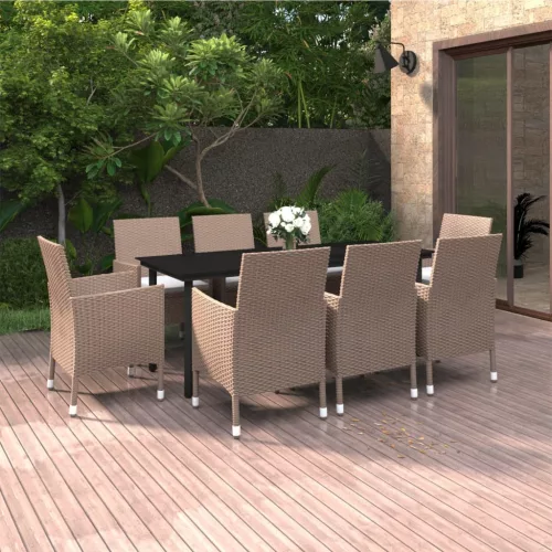 9 részes polyrattan és üveg kerti étkezőgarnitúra párnákkal