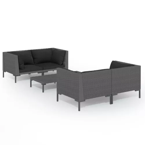  5 részes sötétszürke polyrattan kerti ülőgarnitúra párnákkal