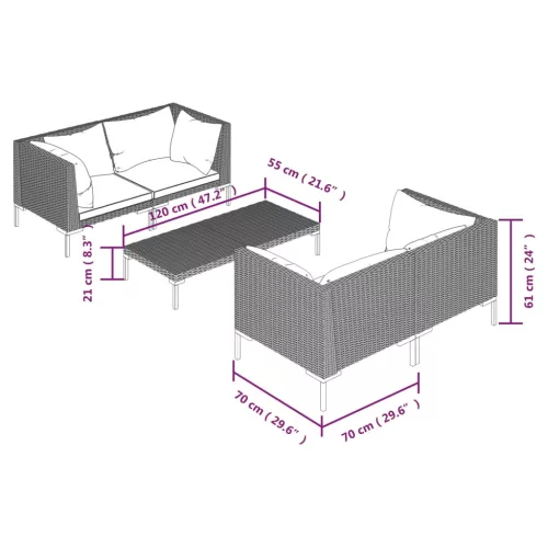  5 részes sötétszürke polyrattan kerti ülőgarnitúra párnákkal