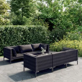    7 részes sötétszürke polyrattan kerti bútorszett párnákkal