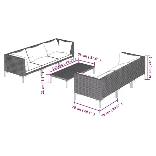  7 részes sötétszürke polyrattan kerti bútorszett párnákkal