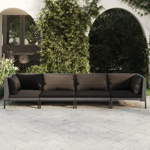  4 részes sötétszürke polyrattan kerti bútorszett párnákkal