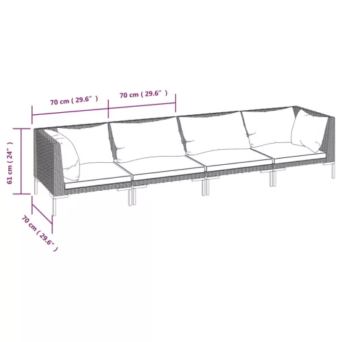  4 részes sötétszürke polyrattan kerti bútorszett párnákkal