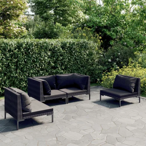  4 részes sötétszürke polyrattan kerti bútorszett párnákkal