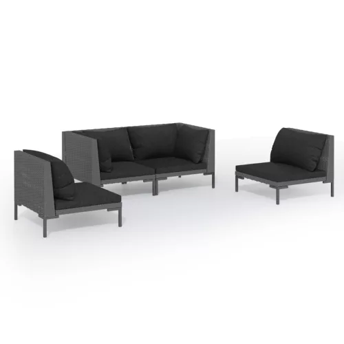  4 részes sötétszürke polyrattan kerti bútorszett párnákkal
