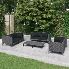    7 részes sötétszürke polyrattan kerti bútorszett párnákkal