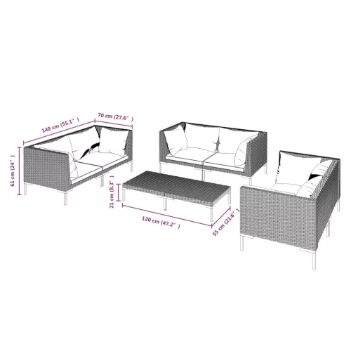  7 részes sötétszürke polyrattan kerti bútorszett párnákkal