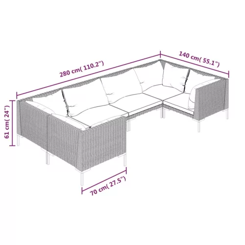  6 részes sötétszürke polyrattan kerti bútorszett párnákkal